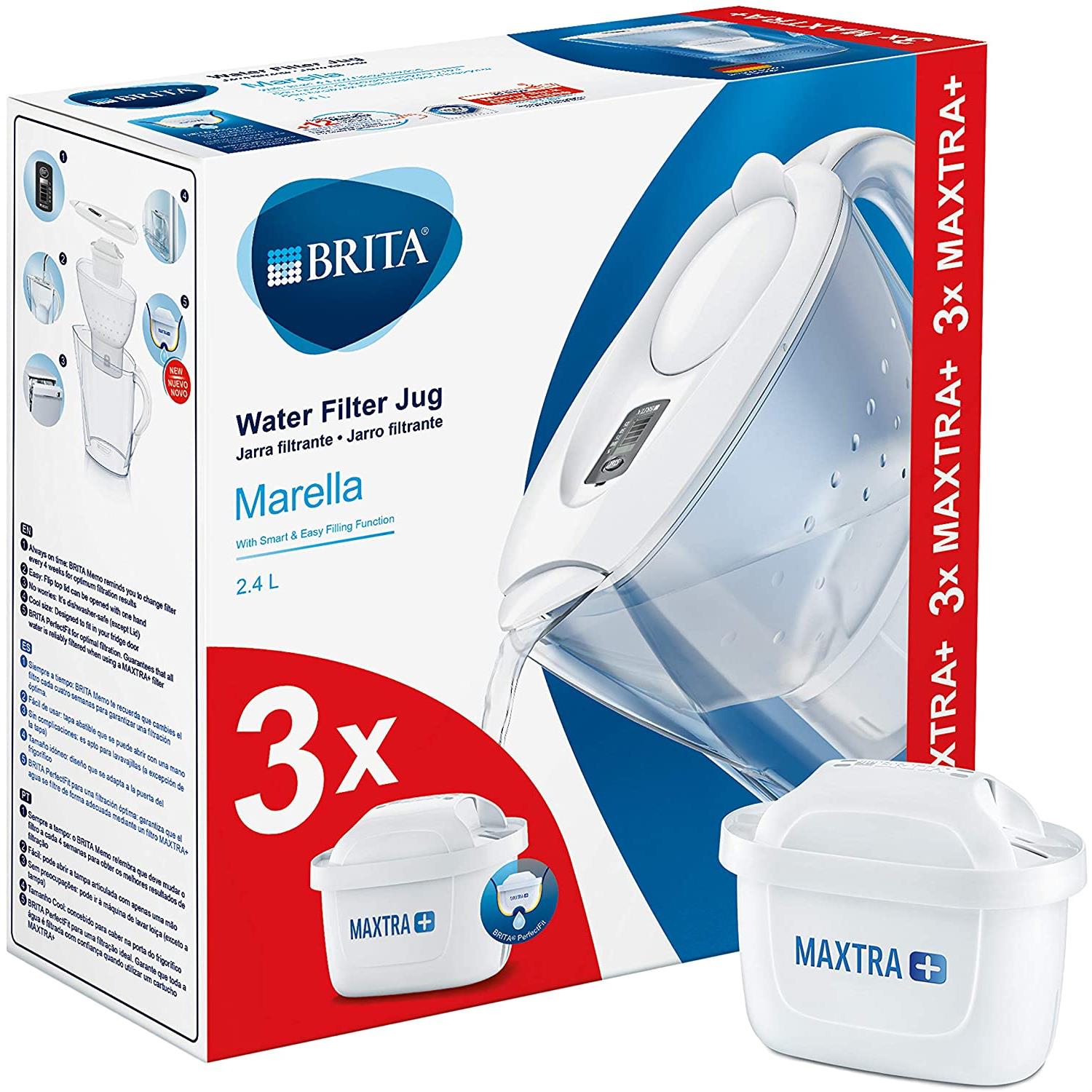 Blue 3 Month Cartridges Pack BRITA Marella MAXTRA 2.4L Water Filter Jug 
