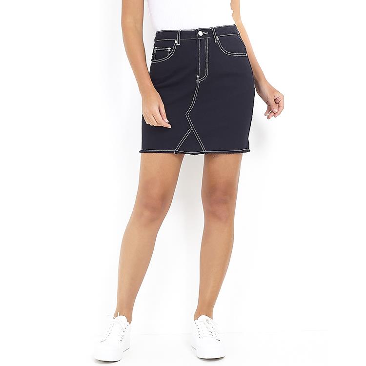 Black denim skirt white cheap stitching