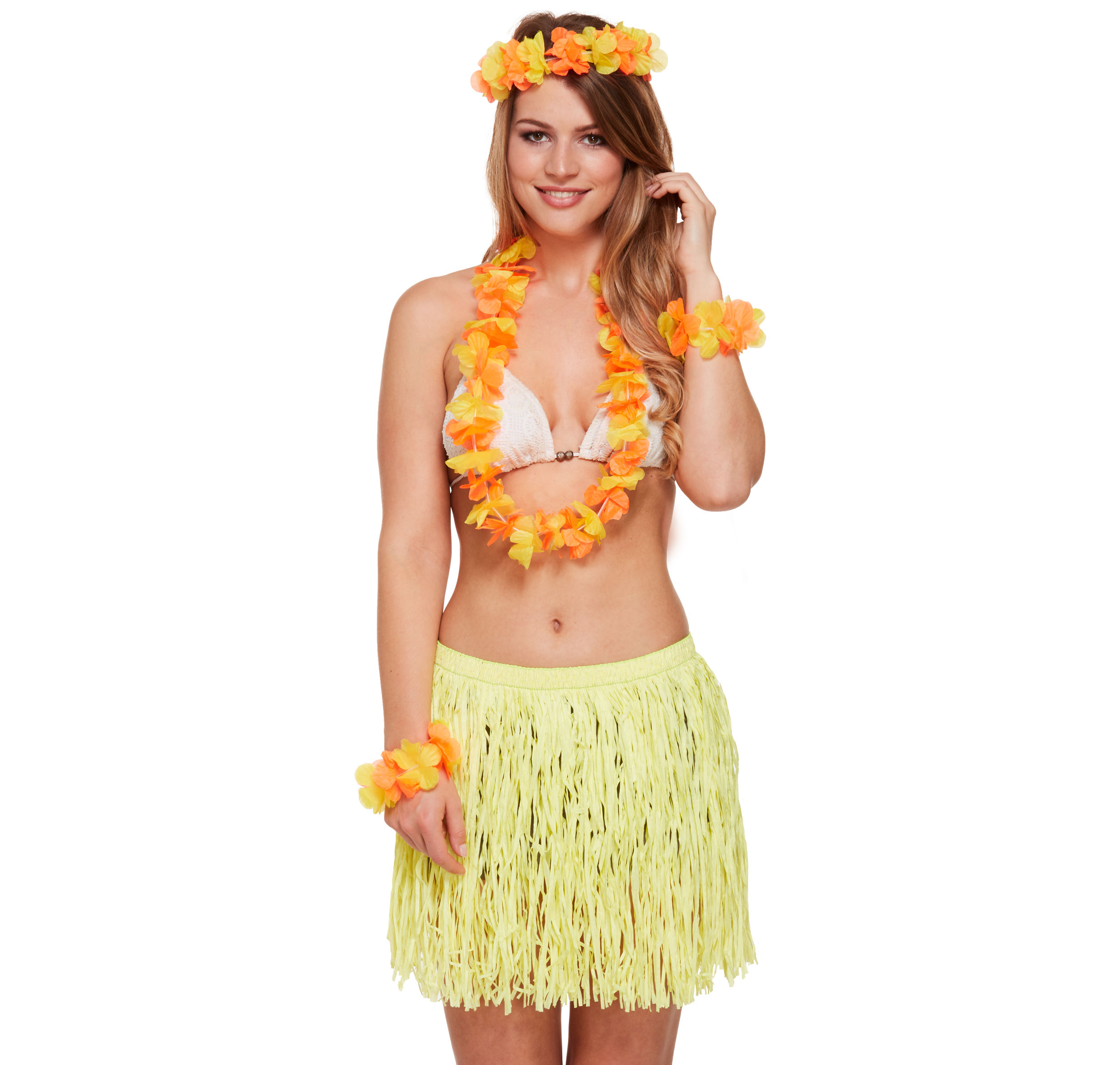 Set COMPLETO GIALLO Hawaiano-ERBA Gonna Fiori Hula Lei Ghirlanda Costume