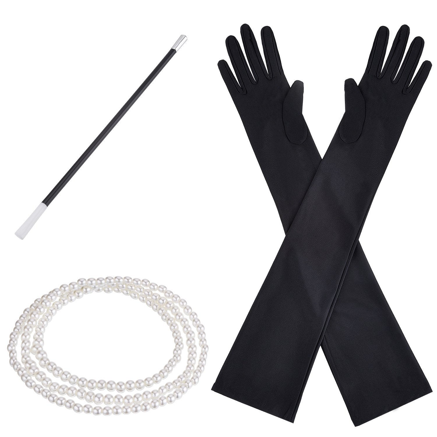 FLAPPER 3PC SET HEADBAND PEARLS NECKLACE GLOVES FANCY DRESS CHARLESTON COSTUME