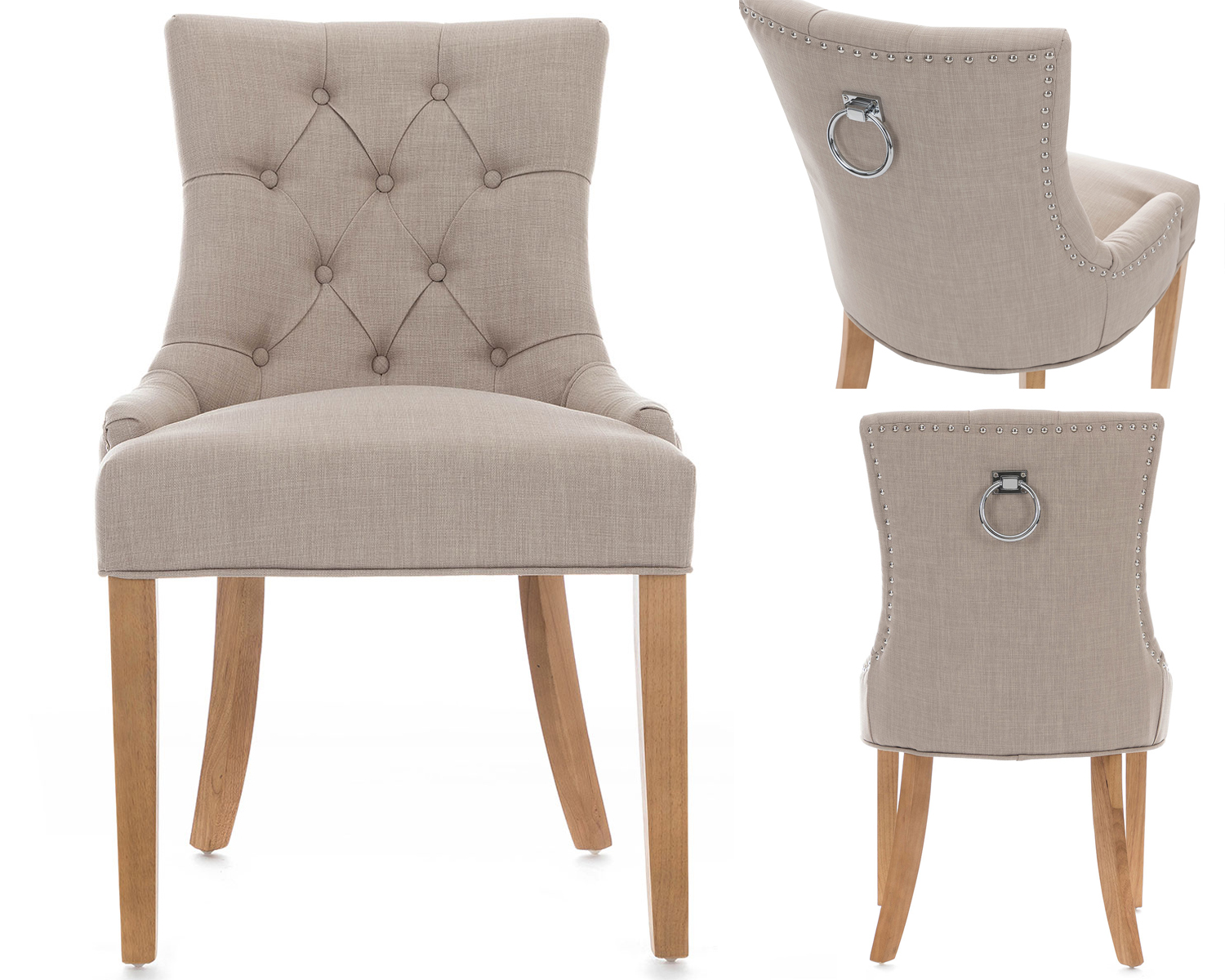 Scoop Button Back Dining Chair in Cream Linen with Chrome Knocker & Oak