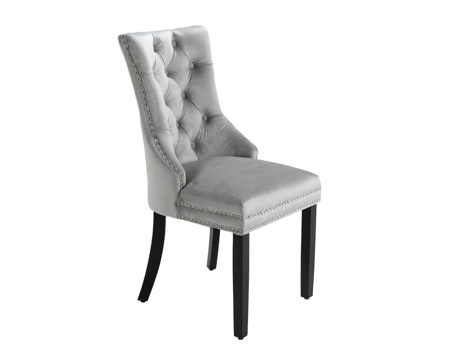 Grey Velvet Dining Chair With Chrome Knocker & Black Legs Studded