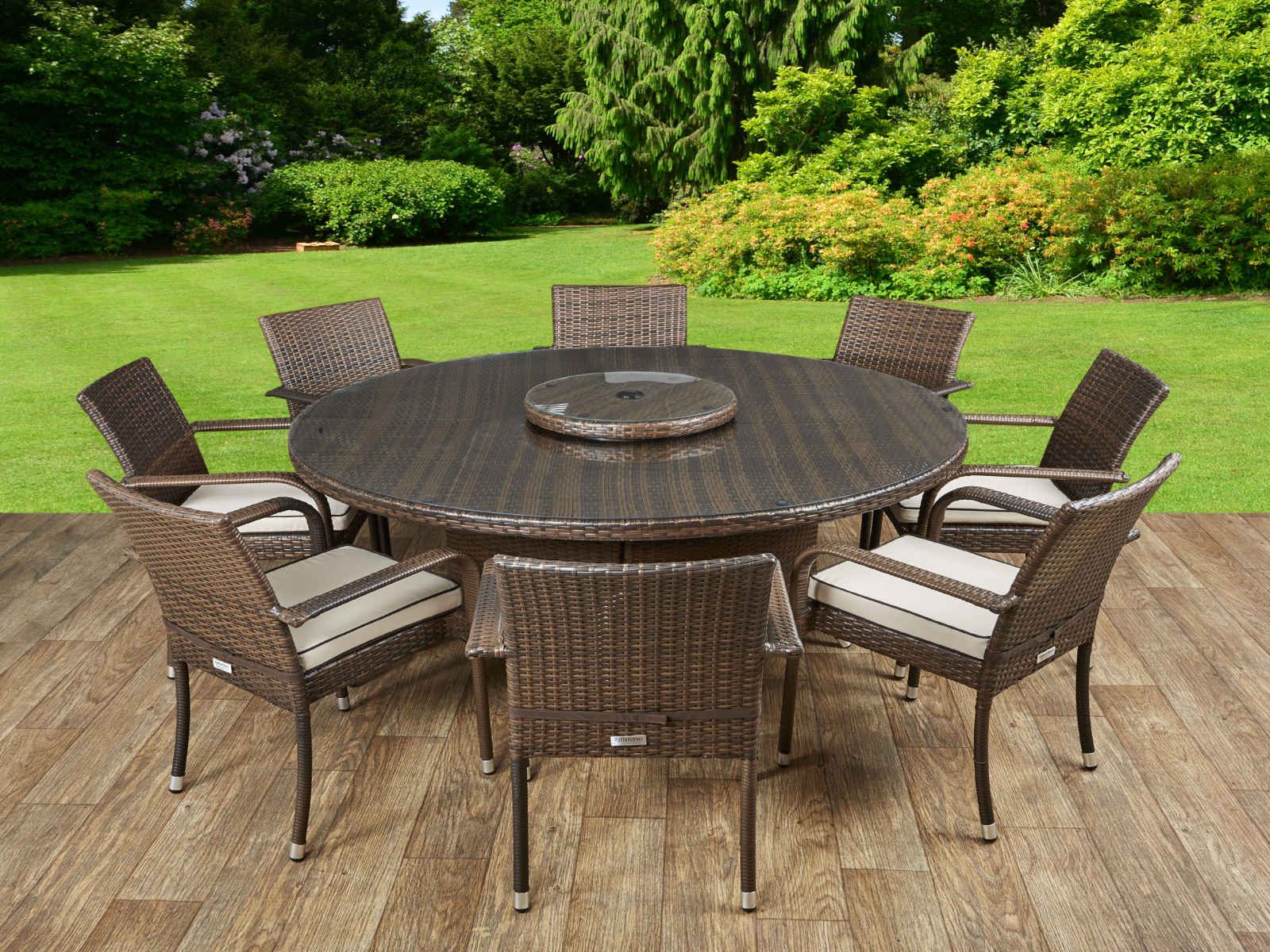 Brown Rattan Dining Set 8 Chairs & Round Table Outdoor Premium Garden