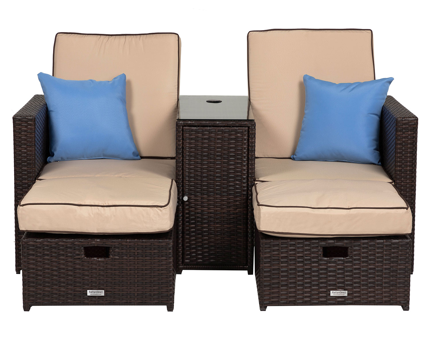 Rattan Double Sun Lounger Recliner Set With Side Table Brown
