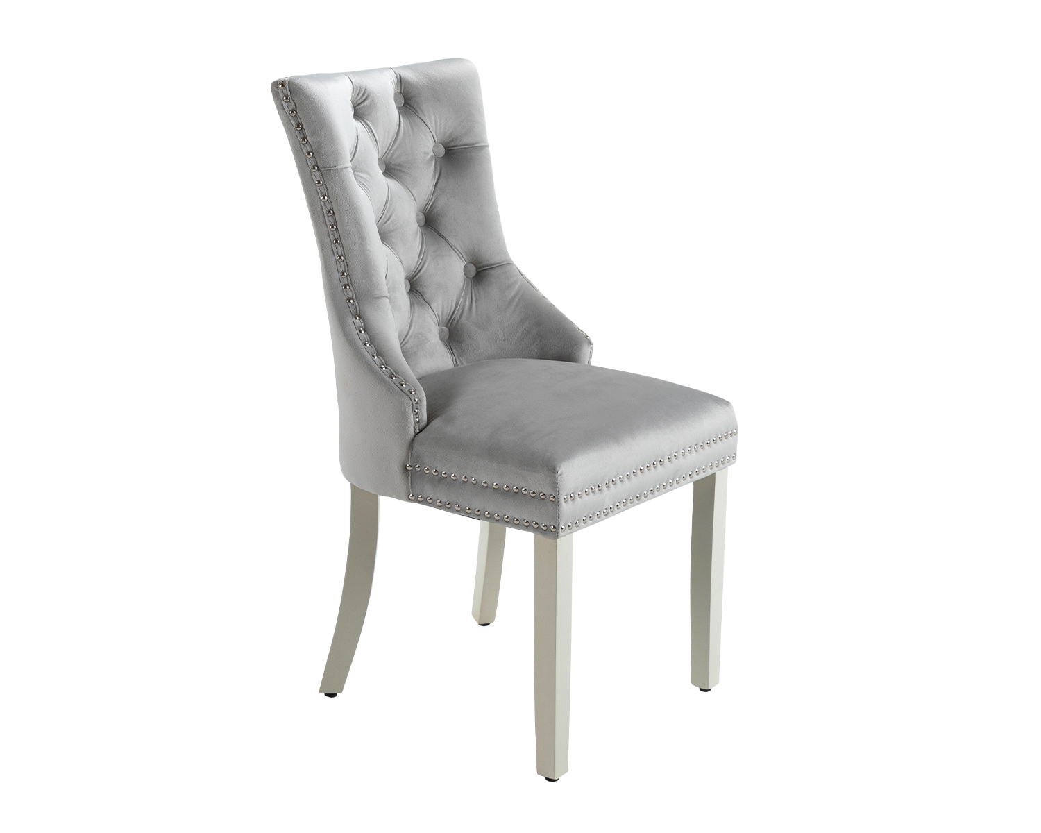 Grey Velvet Dining Chair Button Back Studded Chrome Knocker & Grey Legs