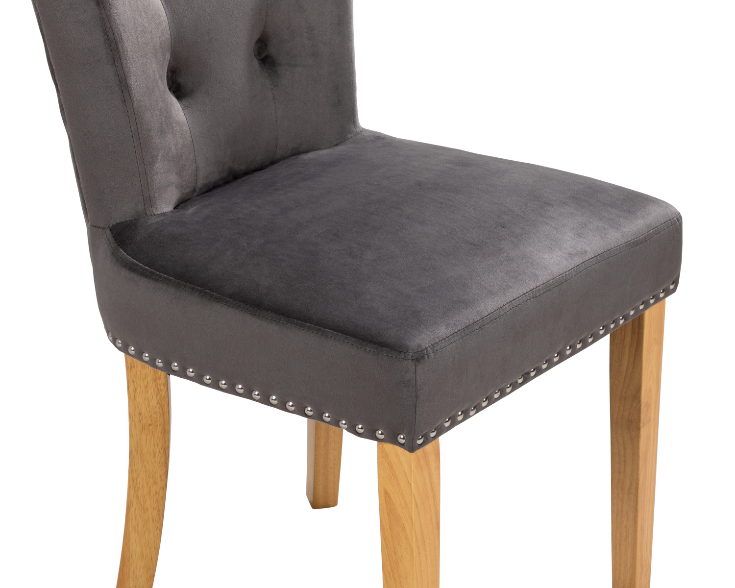 Grey Velvet Scroll Top Dining Chairs With Knocker and Oak Legs Button