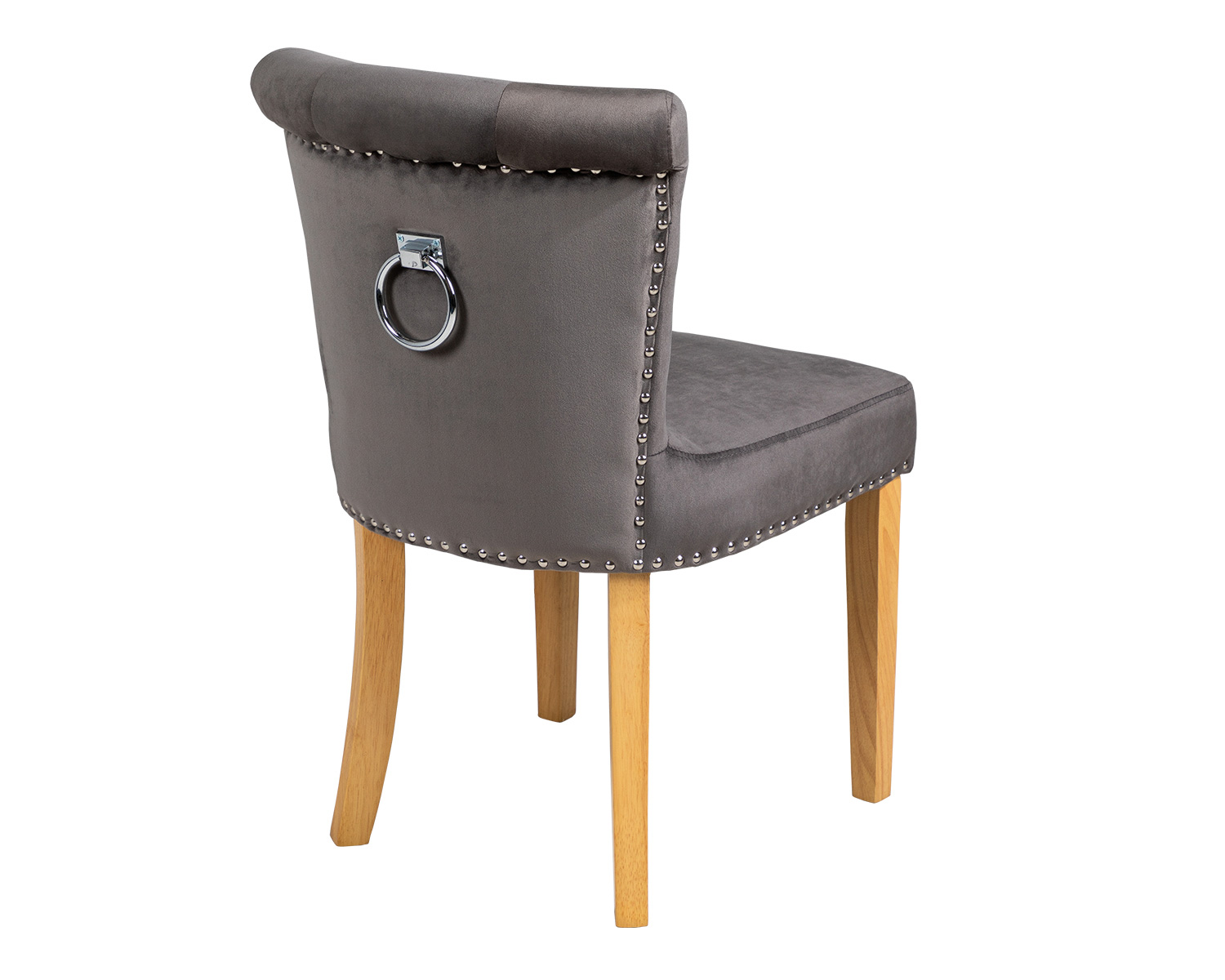 Grey Velvet Scroll Top Dining Chairs With Knocker and Oak Legs Button