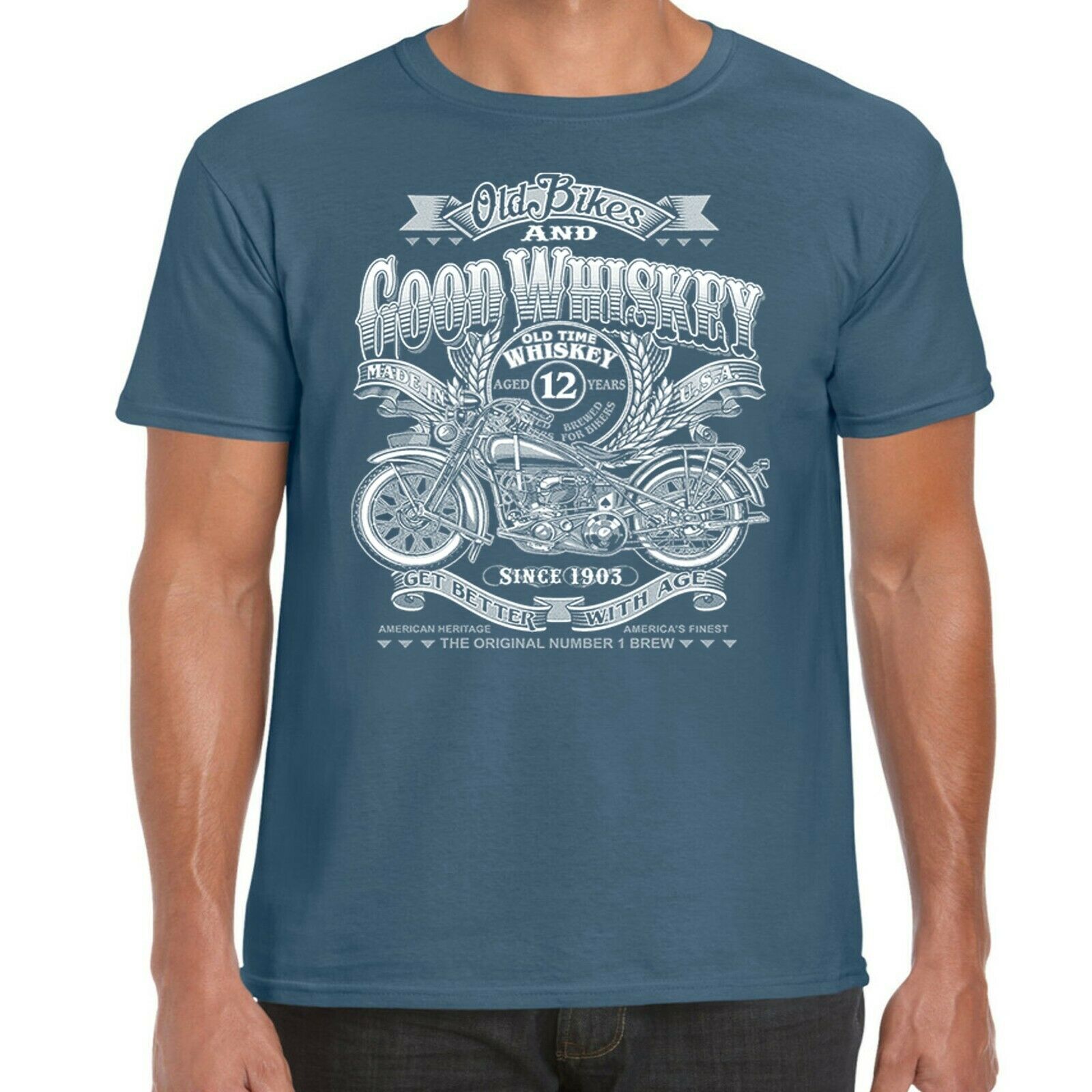 Mens Biker T shirt Good Whiskey Vintage Classic Motorcycle Chopper Bobber 115