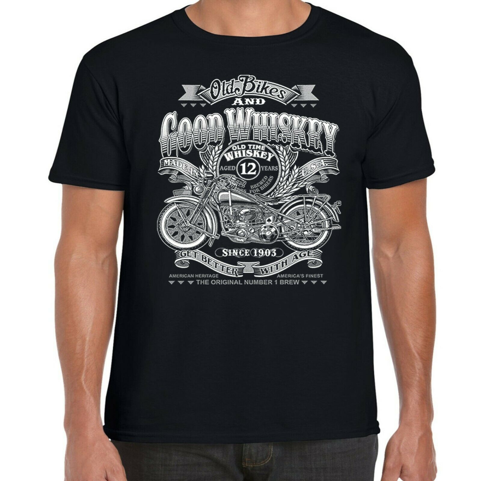Mens Biker T shirt Good Whiskey Vintage Classic Motorcycle Chopper Bobber 115