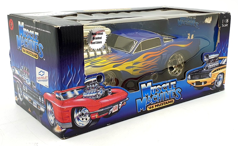 Muscle Machine 1/18 Scale Diecast 61189 - 1966 Ford Mustang - Blue with Flame