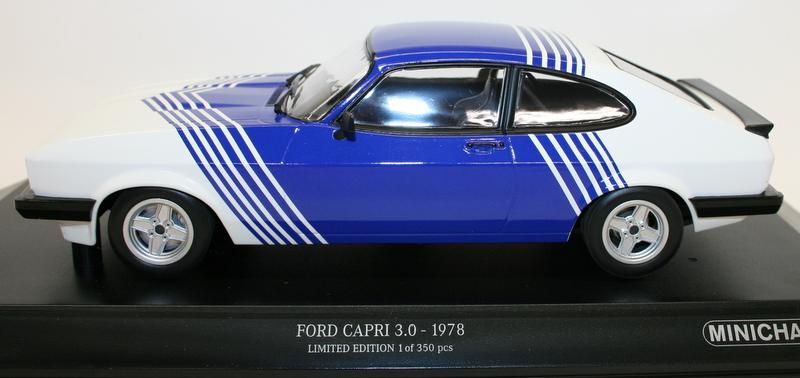 Minichamps 1/18 Diecast 155 788600 - 1978 Ford Capri 3.0 White w/ blue stripes