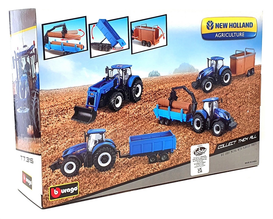 Burago 1/50 Scale 18-31668NH - New Holland Tractor T7.315 & 3 Trailers