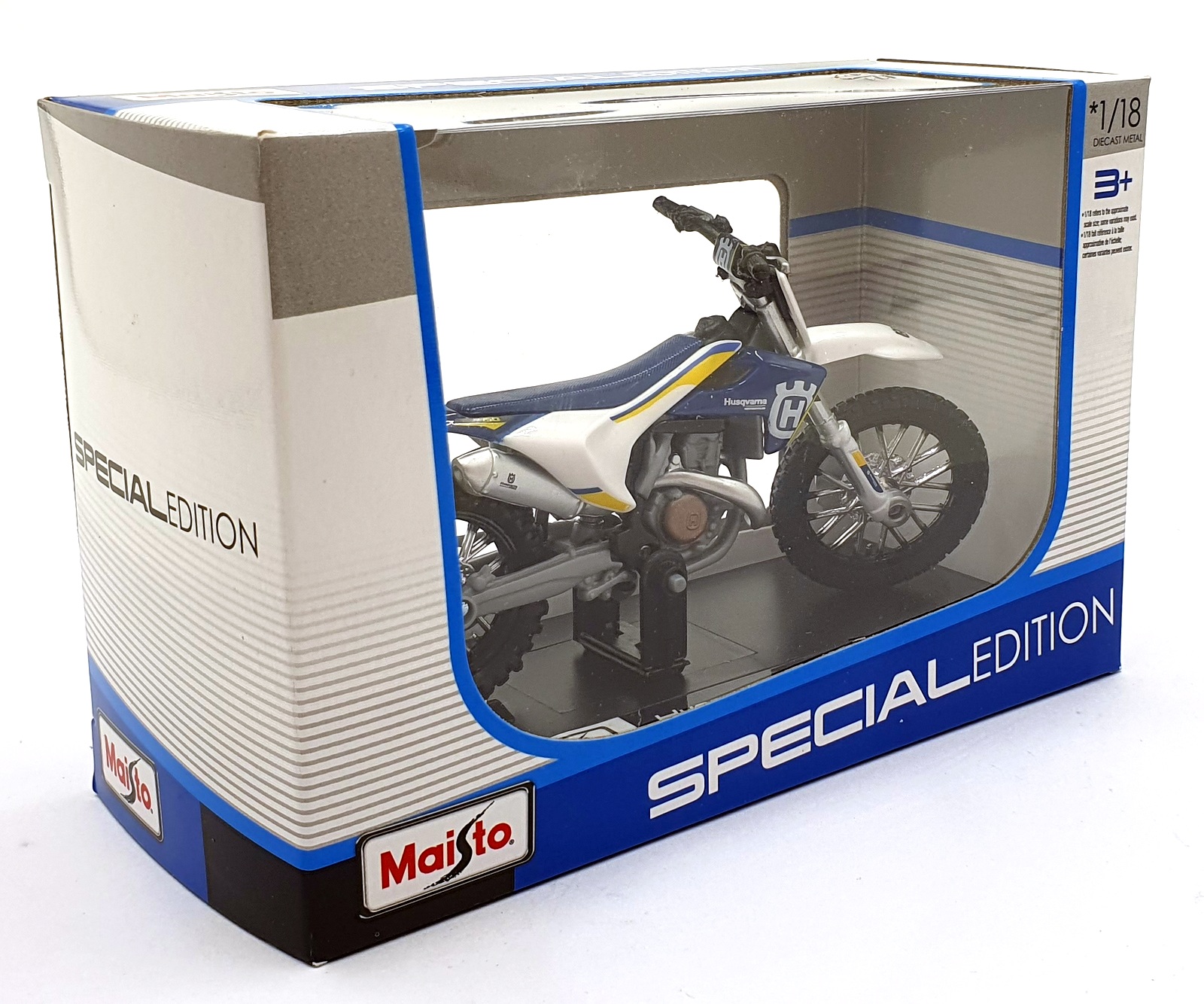 Maisto 1/18 Scale 39300 - Husqvarna Motorbike - White/Blue Maisto 1/18 Scale 39300 - Husqvarna Motorbike - White/Blue
