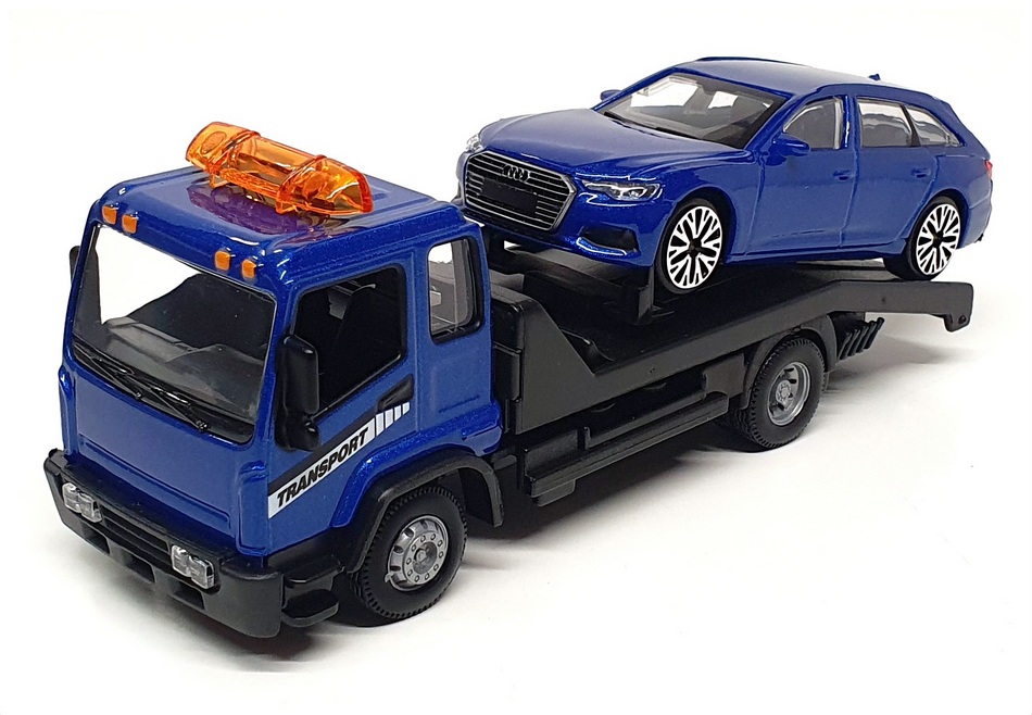 Burago 1/43 Scale 18-31418 - Flatbed Tow Truck & Audi - Blue