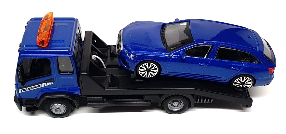 Burago 1/43 Scale 18-31418 - Flatbed Tow Truck & Audi - Blue