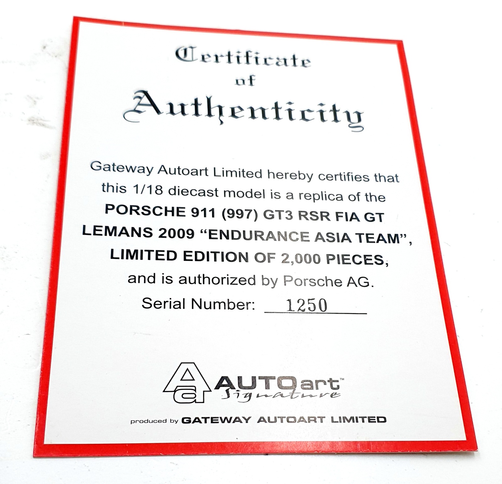 Autoart 1/18 Scale 80972 - Porsche 911 997 GT3 RSR Le Mans 2009 Asia #75