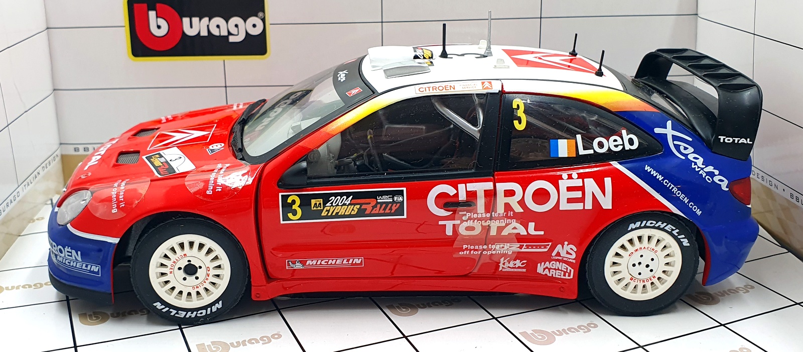 Burago 1/18 Scale 39044 - Citroen Xsara WRC #3 2004 Cyprus S.Loeb