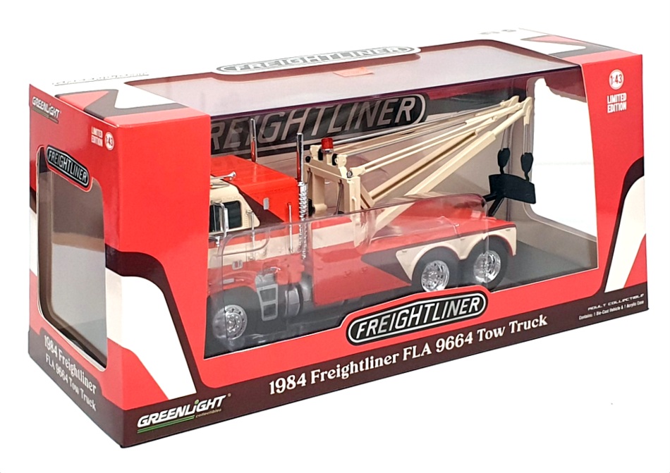 Greenlight 1/43 Scale 86631 - 1984 Freightliner FLA 9664 Tow Truck Orange/Cream