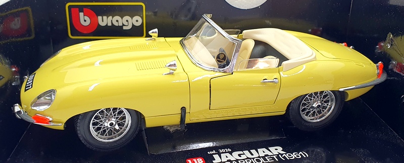 Burago 1/18 Scale Diecast 3026 - Jaguar E-Type Cabriolet 1961 - Yellow Burago 1/18 Scale Diecast 3026 - Jaguar E-Type Cabriolet 1961 - Yellow
