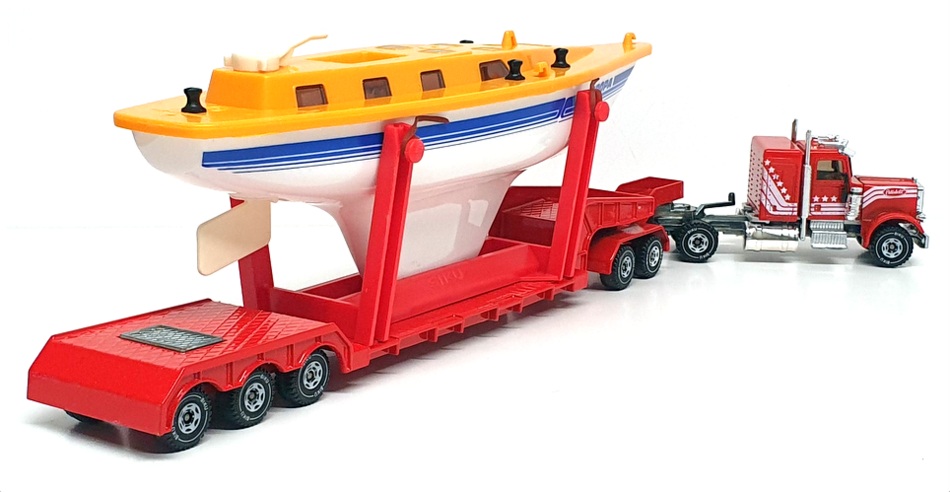 Siku 1/55 Scale 4014 - Peterbilt Transporter Truck With Yacht - Red/White/Yellow