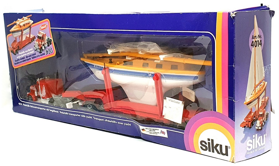 Siku 1/55 Scale 4014 - Peterbilt Transporter Truck With Yacht - Red/White/Yellow