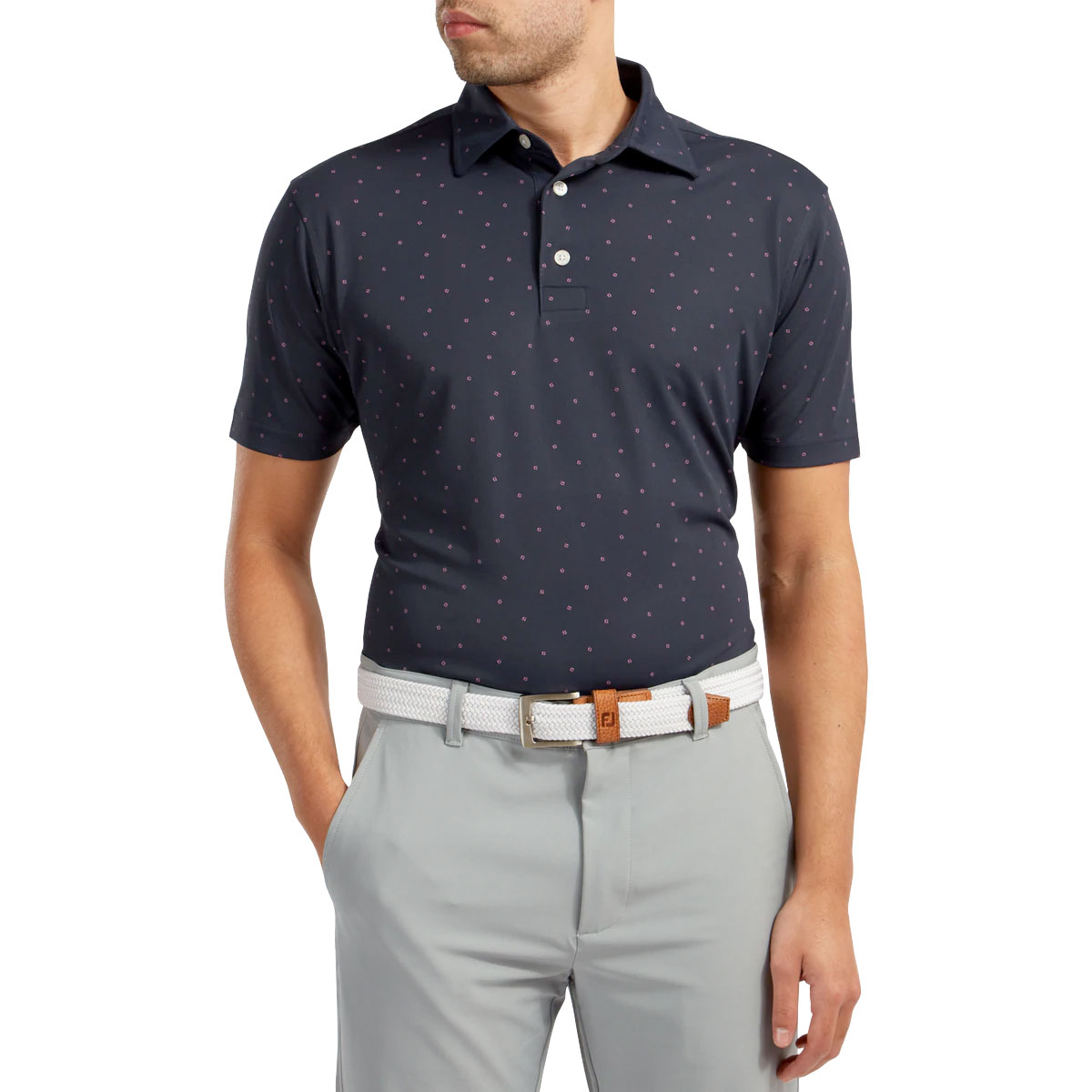 FootJoy Stretch Pique FJ Print Mens Golf Polo Shirt  - Navy/Berry