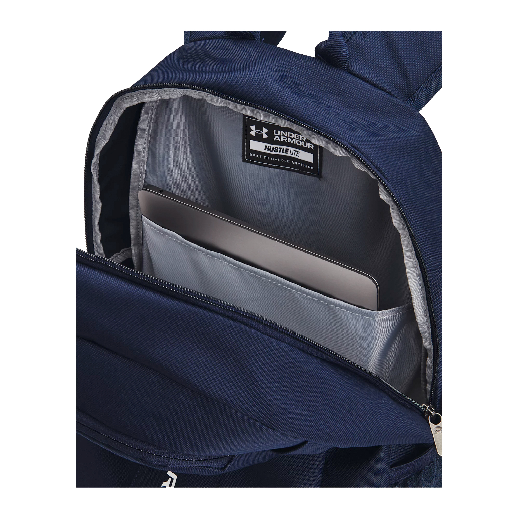 Under Armour Backpack UA Hustle Lite Ruck Gym Travel Rucksack Sports Bag  - Midnight Navy/Metallic Silver