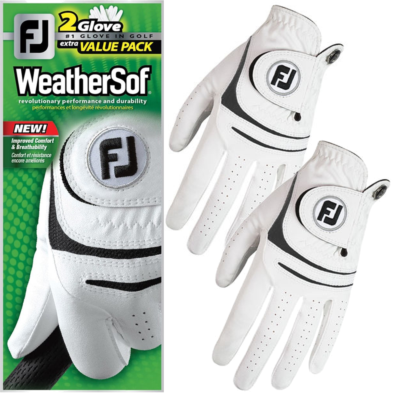 FootJoy Men's Weathersof Twin Pack Golf Gloves White & Black Available