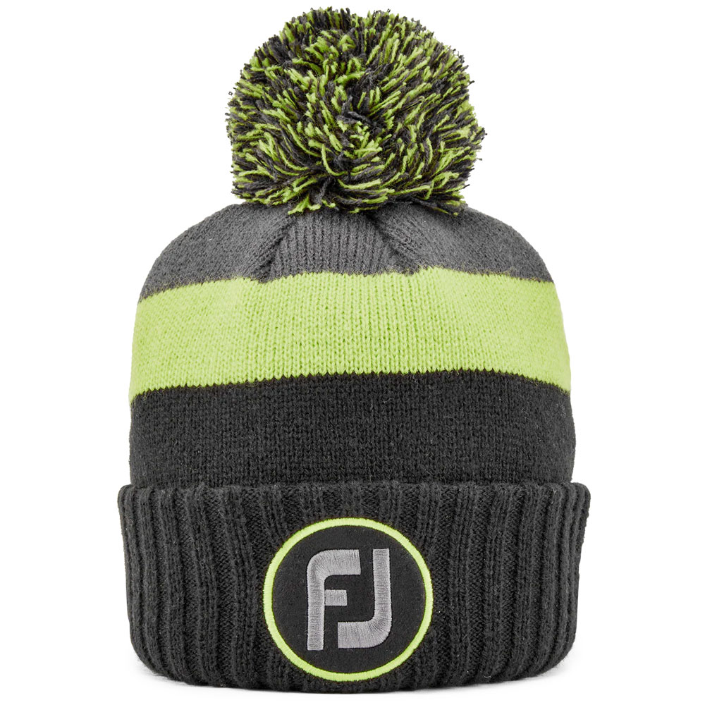 FootJoy Pom Pom Mens Winter Golf Beanie Hat  - Black/Lime/Charcoal