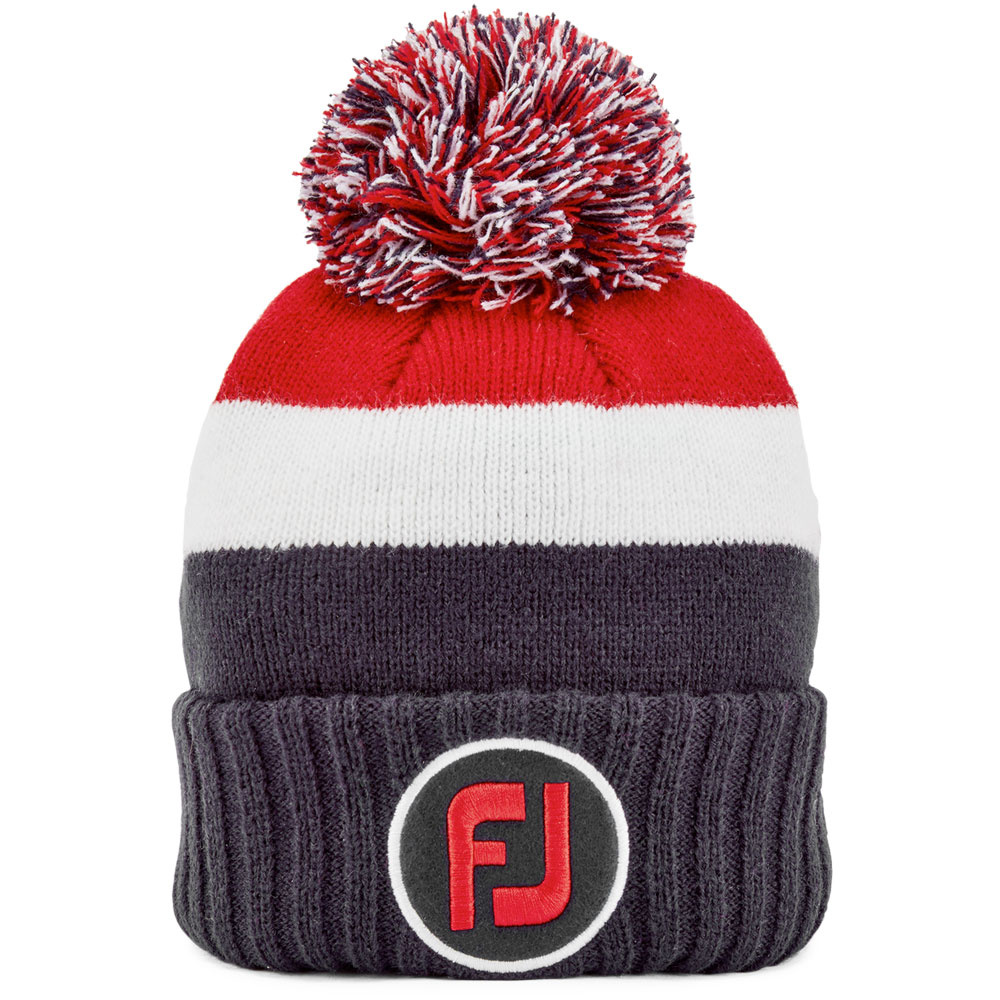 FootJoy Pom Pom Mens Winter Golf Beanie Hat  - Navy/White/Red
