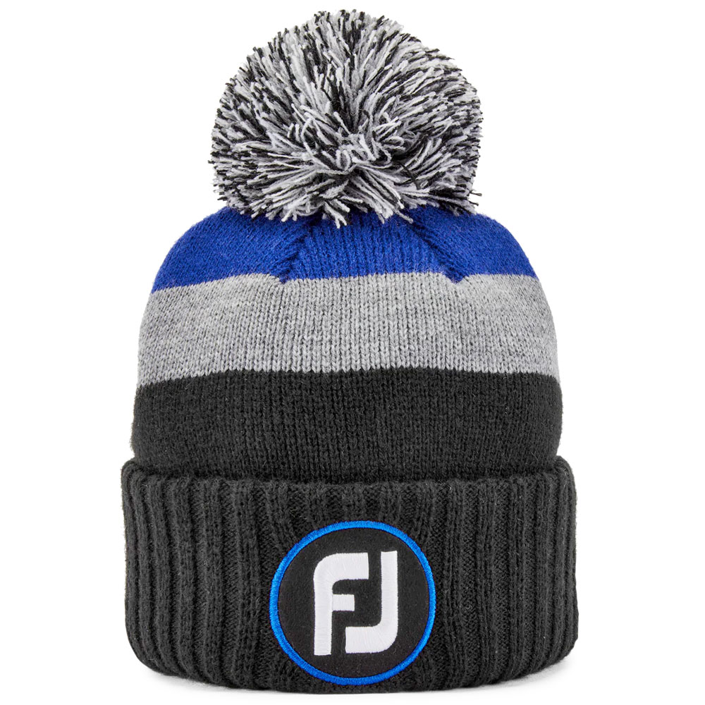 FootJoy Pom Pom Mens Winter Golf Beanie Hat  - Black/Grey/Royal