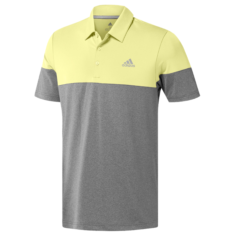 adidas Golf Ultimate 2.0 Heather Blocked Short Sleeve Mens Polo Shirt  - Grey/HI Res Yellow