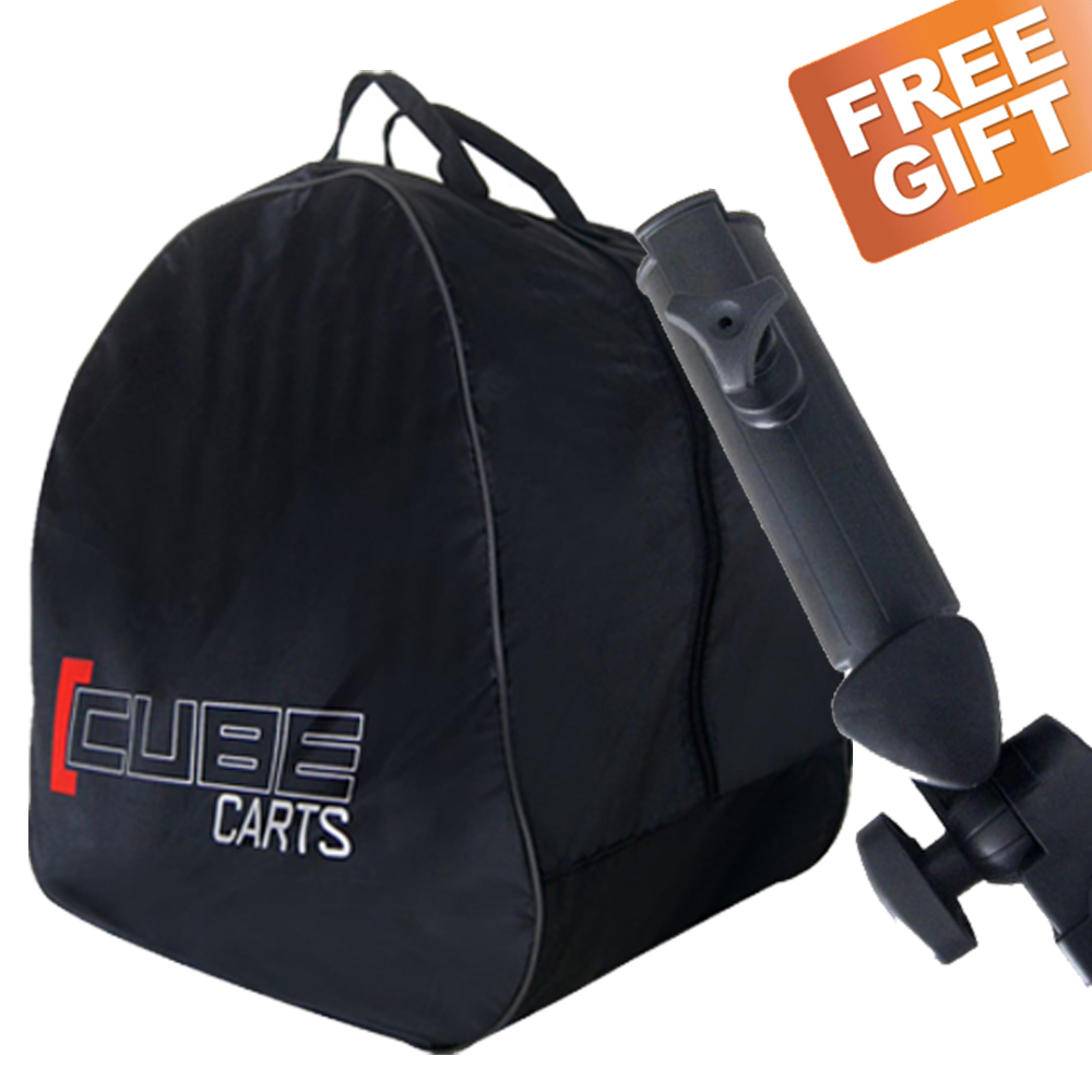 Cube 3 Wheel Golf Trolley + Umbrella Holder & Travel Cover  - White / Blue