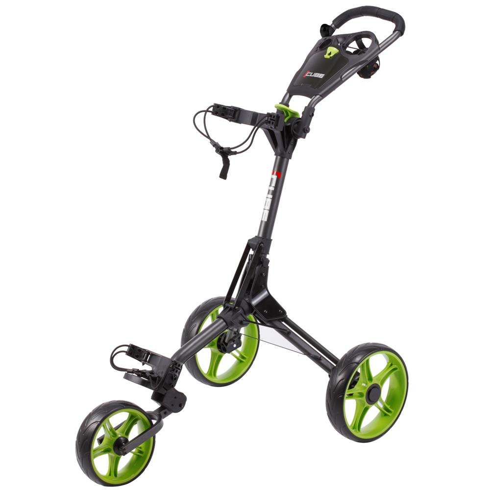 Cube 3 Wheel Golf Trolley + Umbrella Holder & Travel Cover  - Charcoal / Lime