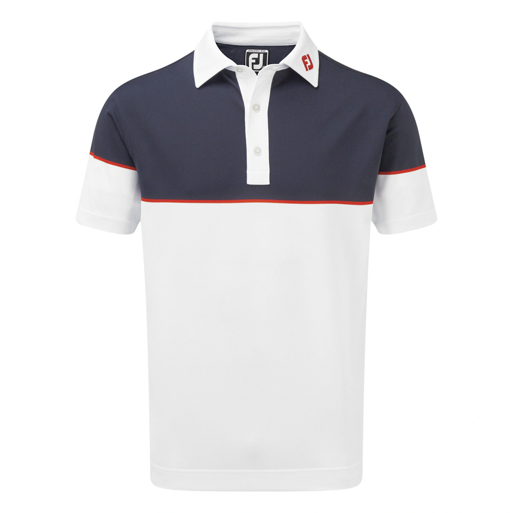 FootJoy Mens Colour Block Stretch Pique Golf Polo Shirt  - White/Navy/Scarlet