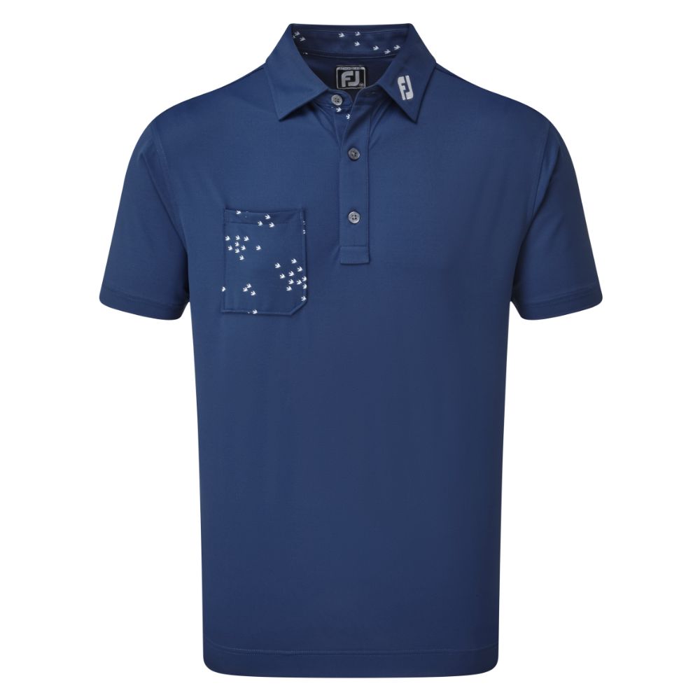 FootJoy Golf Flock of Bird Print Trim Mens Polo Shirt  - Deep Blue