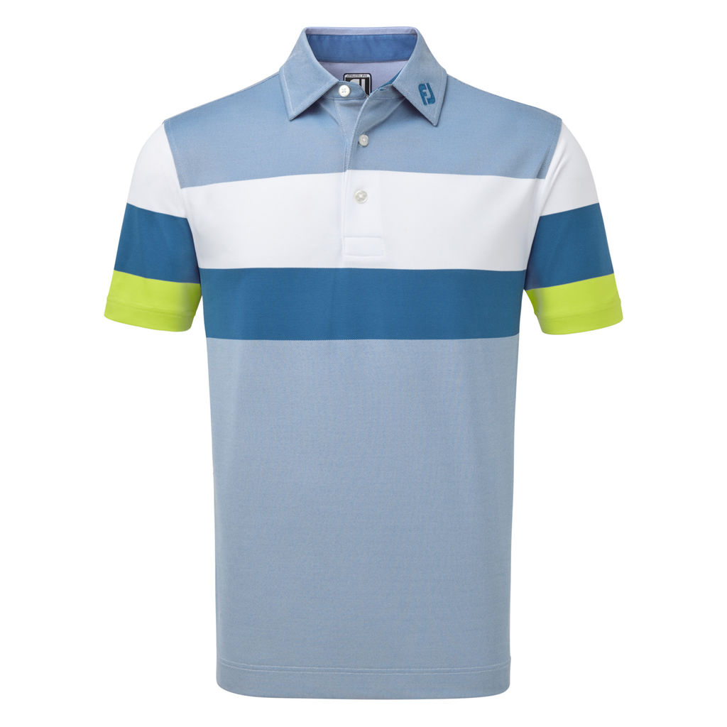 FootJoy Golf Engineered Birdseye Pique Mens Polo Shirt  - Blue/White/Citrus
