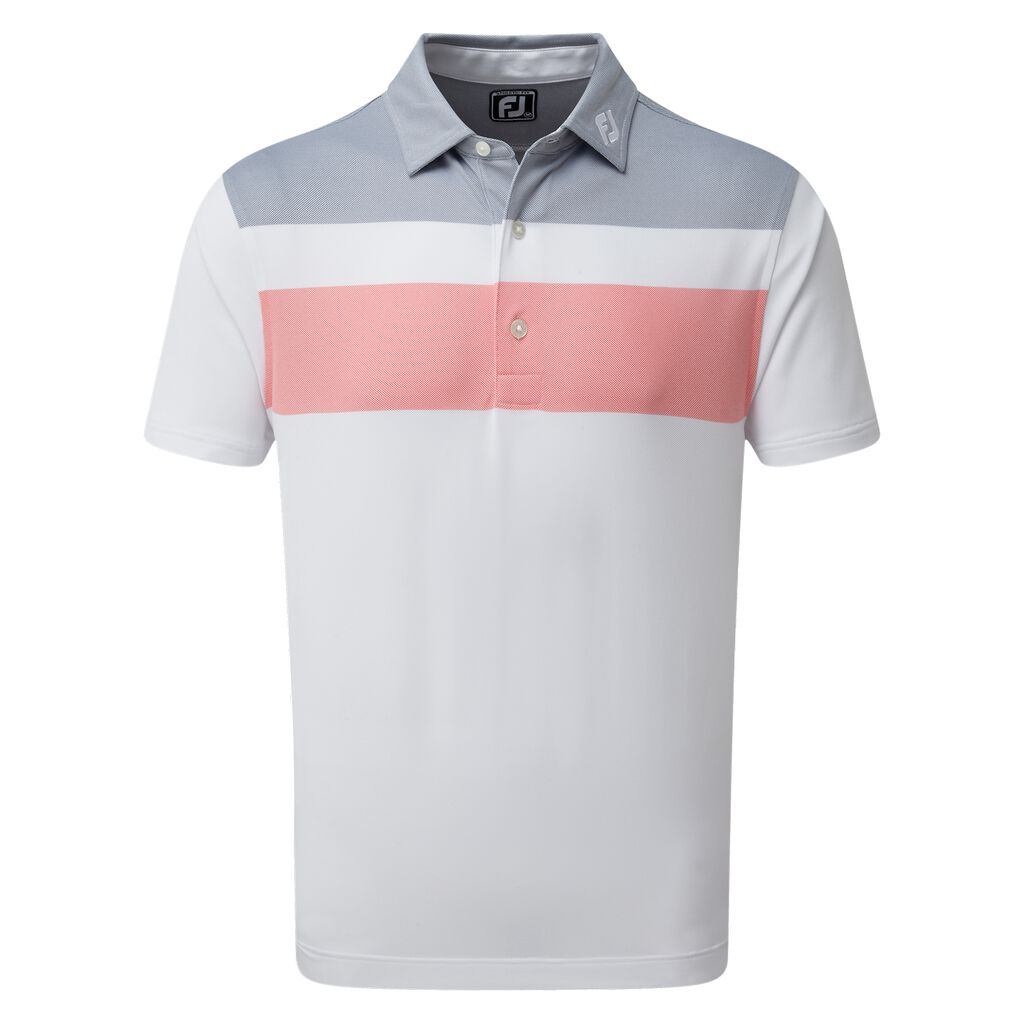 FootJoy Golf Double Block Birdseye Pique Mens Polo Shirt  - White/Coral/Slate
