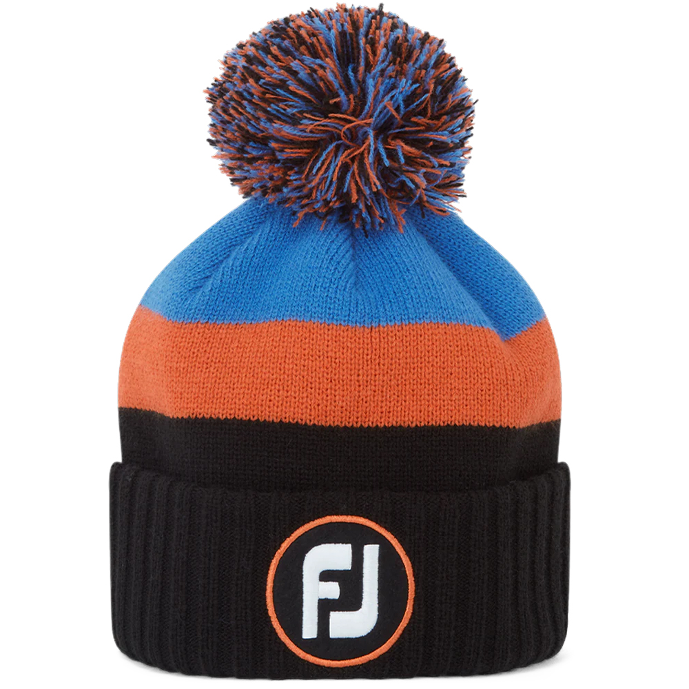 FootJoy Pom Pom Golf Beanie Winter Hat  - Black/Orange/Saphire