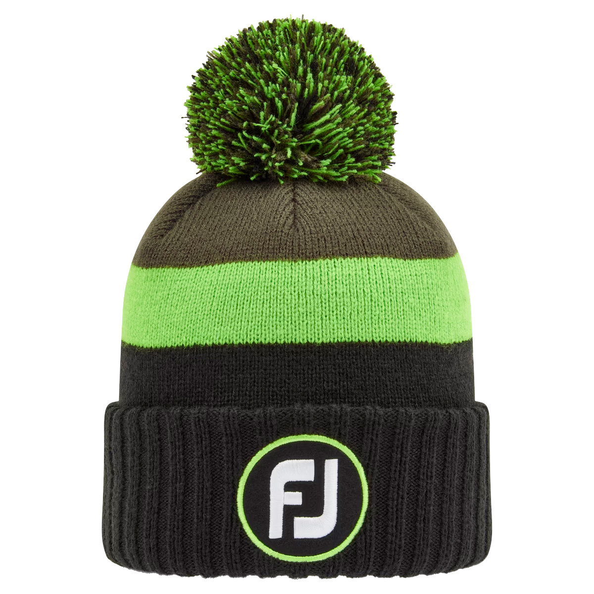FootJoy Pom Pom Golf Beanie Winter Hat  - Black/Acid Green/Olive