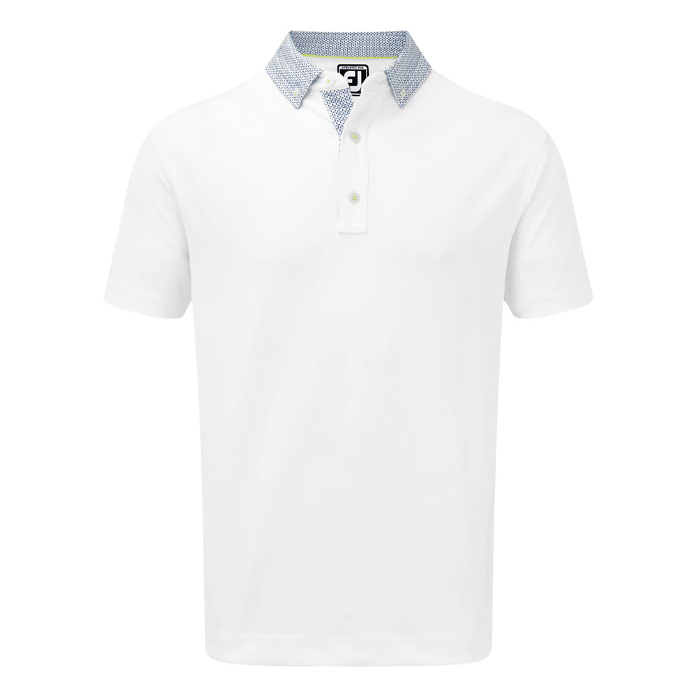 FootJoy Mens Smooth Pique Woven Button Collar Golf Polo Shirt  - White/Blue