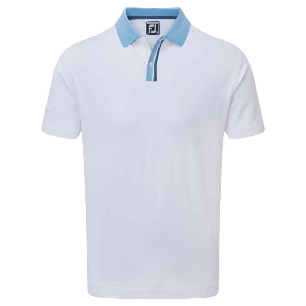 FootJoy Solid with Stripe Placket Pique Mens Golf Polo Shirt  - White/Dusk Blue