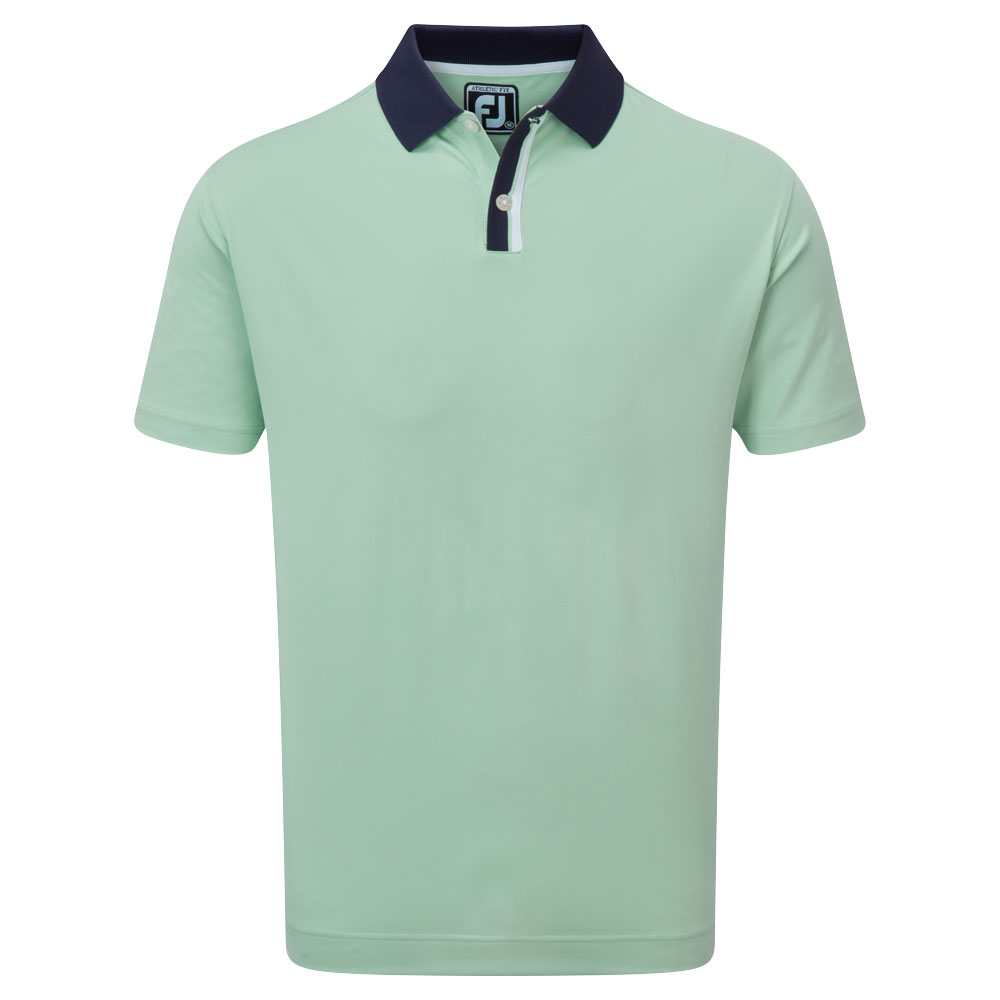 FootJoy Solid with Stripe Placket Pique Mens Golf Polo Shirt  - Sage/Navy/White