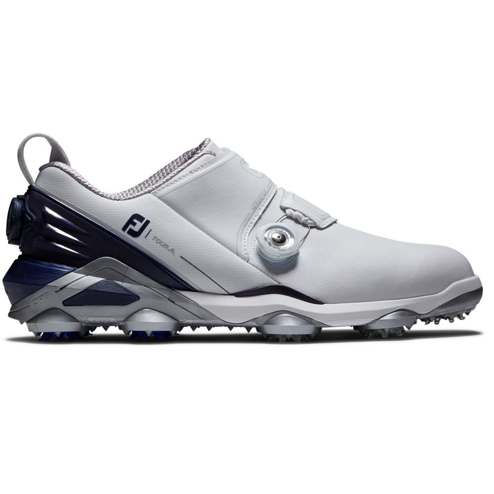 FootJoy Tour Alpha Double BOA Mens Spiked Golf Shoes  - White/Grey/Blue