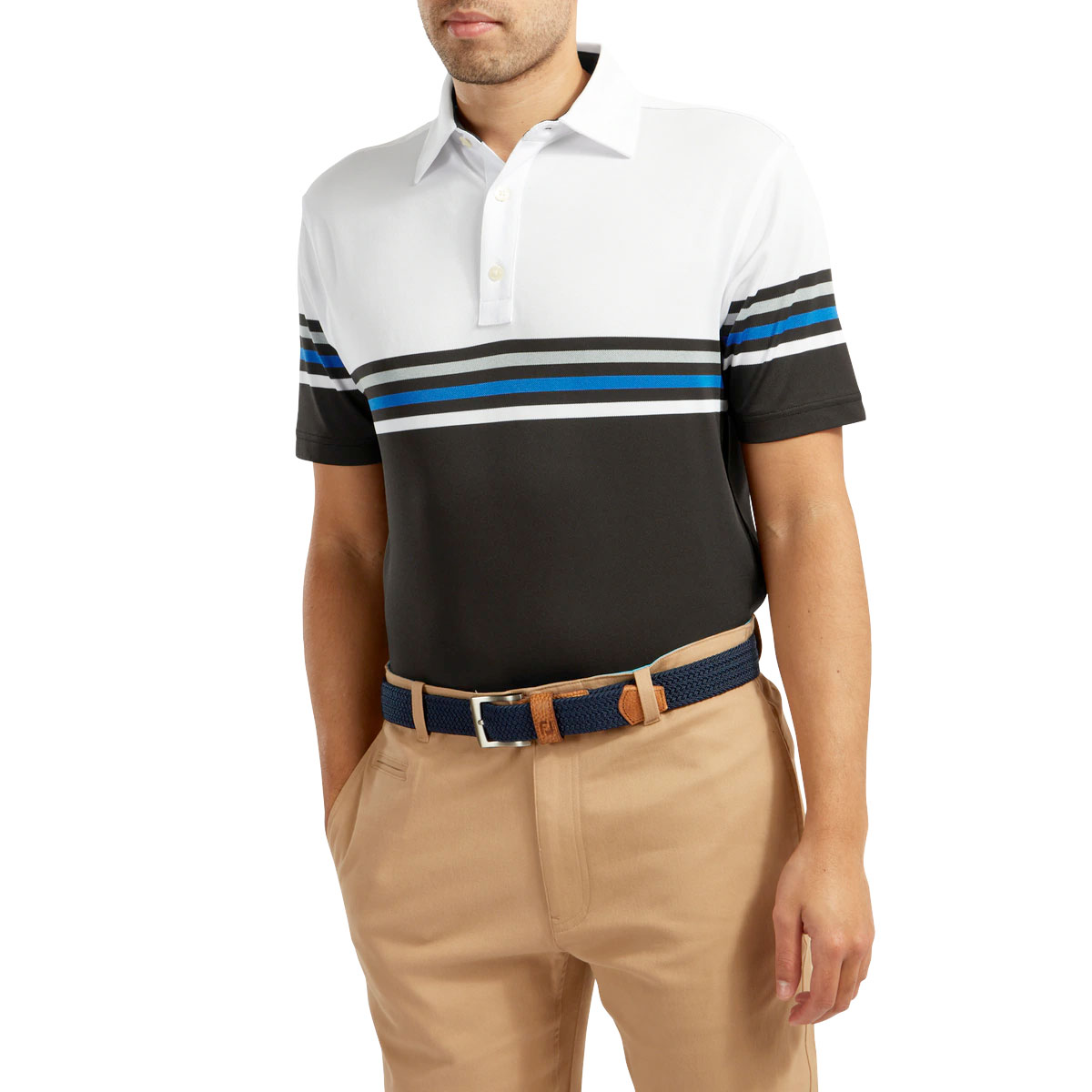 FootJoy Stretch Pique Colour Block Mens Golf Polo Shirt  - White/Black