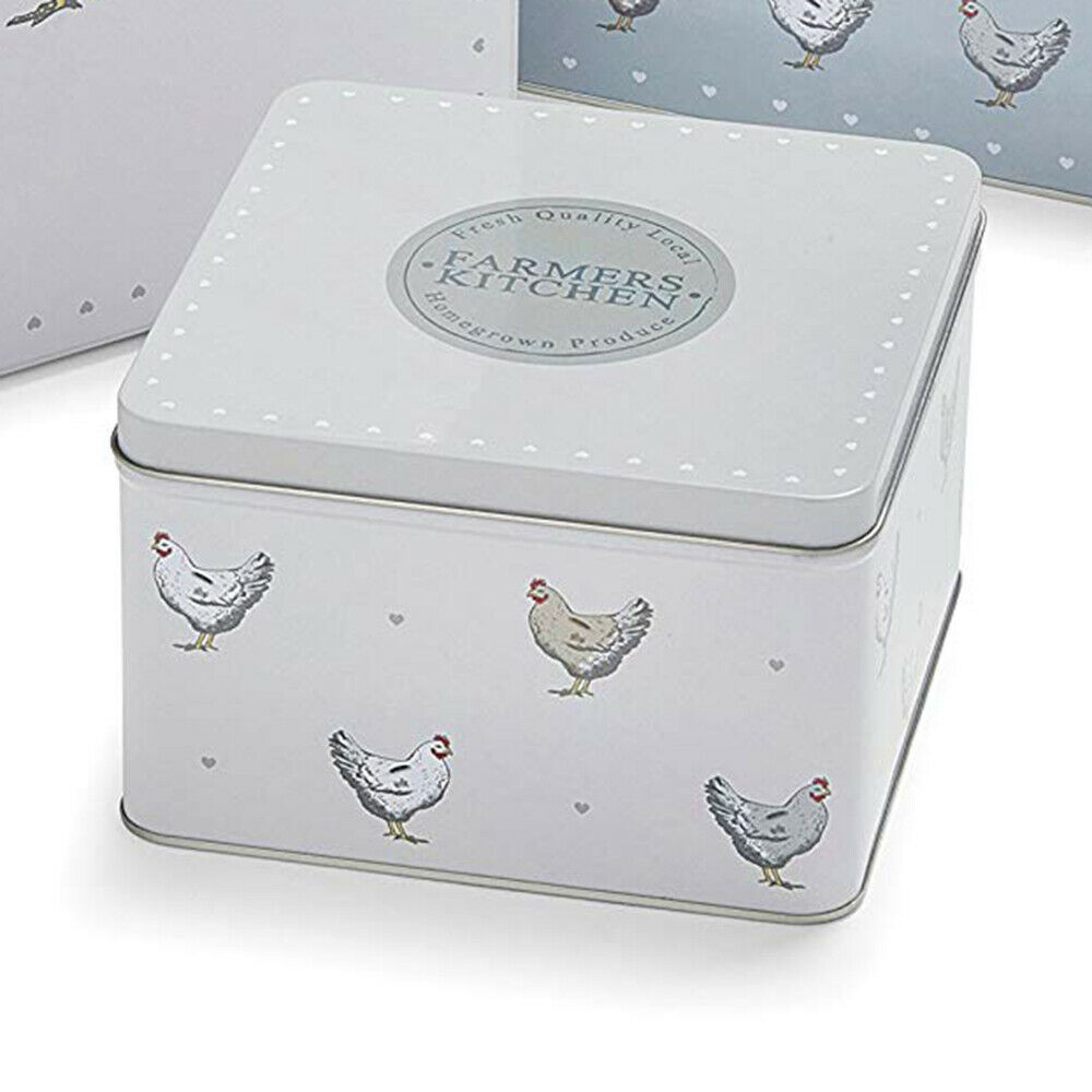 Square Cake Storage Tins Set Of 3 Farmers Kitchen Chickens Hens Design 