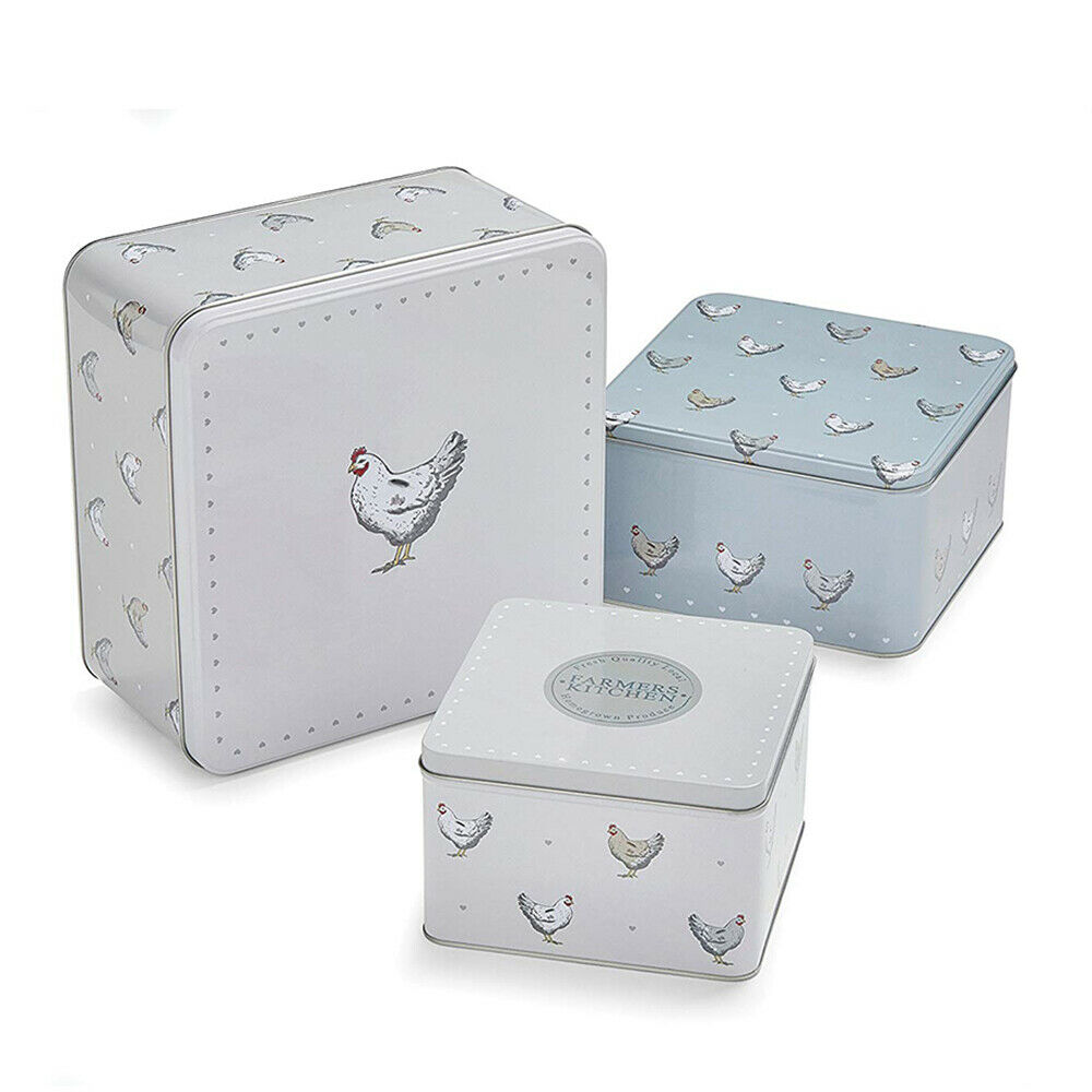 Square Cake Storage Tins Set of 3 Farmers Kitchen Chickens Hens Design