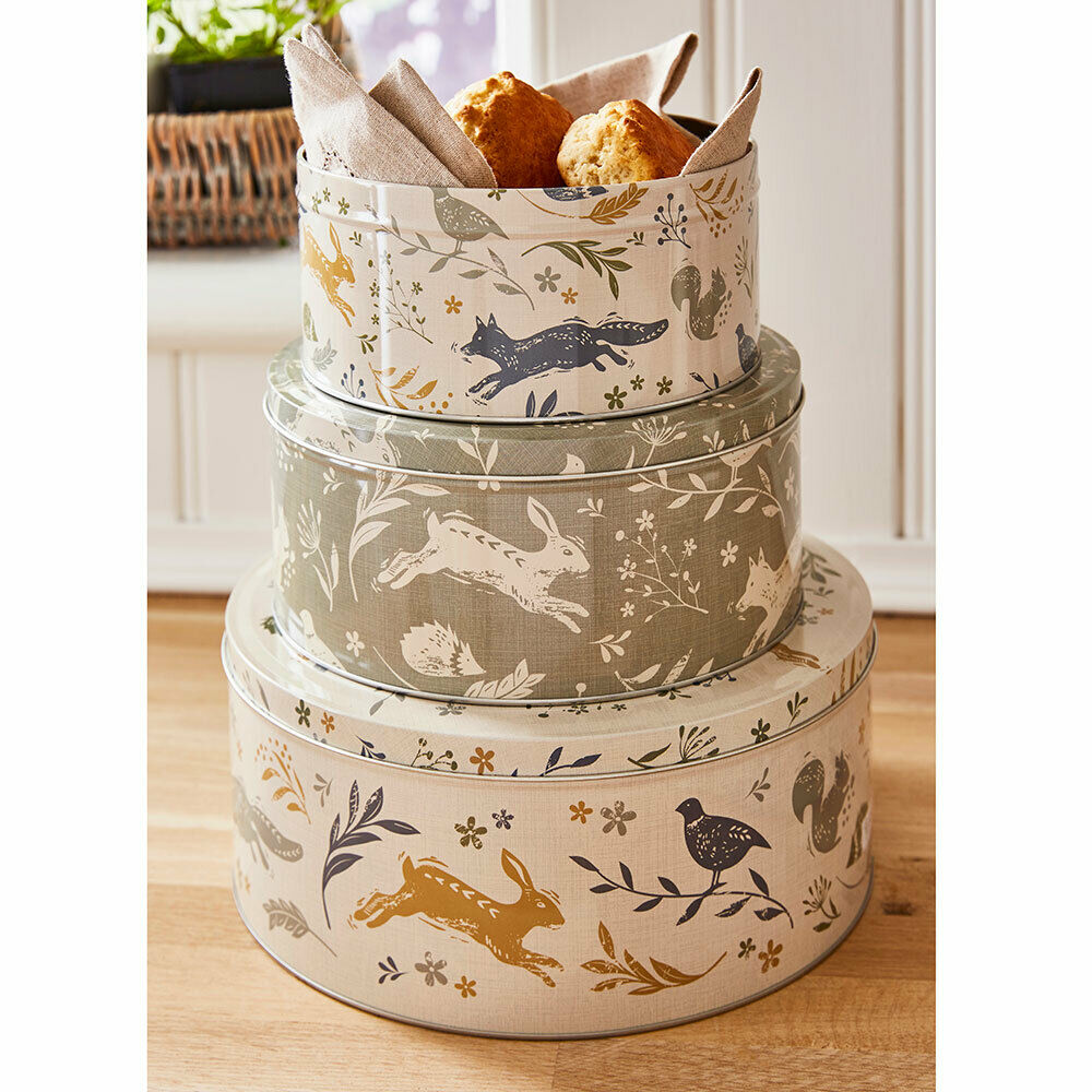 Set of 3 Woodland Animals Round Nesting Cake Storage Tins, Biscuits