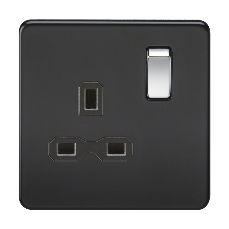 1G DP 13A 230V Screwless Matt Black UK 3 Pin Switched Electrical Wall