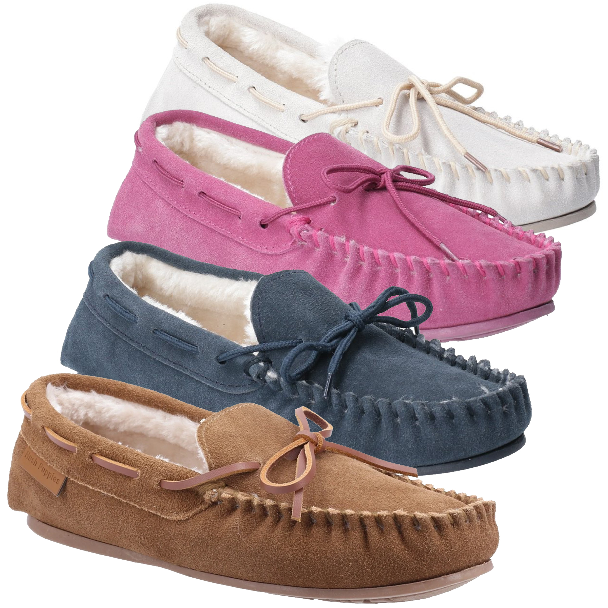 Womens Hush Puppies Allie Suede Faux Fur Slip On Moccasins Slippers Sizes 3 to 8 eBay